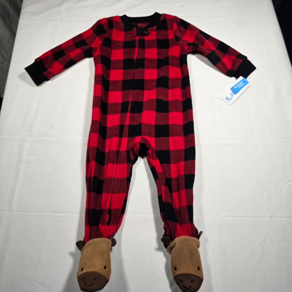 Carters Baby‎ 12M Buffalo Plaid Fleece Footed Pajamas Moose Feet Red Black NWT